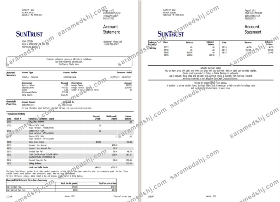 USA Suntrust bank account statement Word and PDF template, 2 pages scr